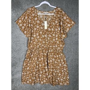 Speed Control New York Midi Dress Womens Sz 2X‎ Brown White Floral Elastic Waist